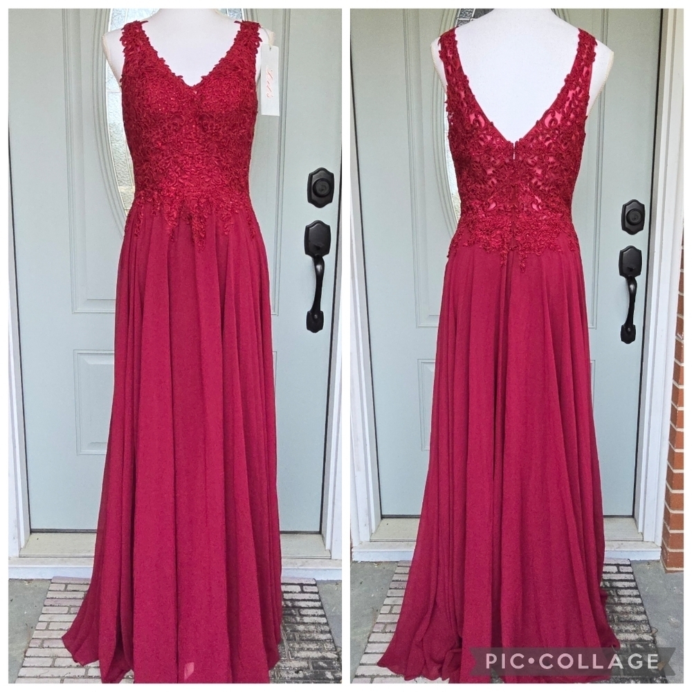 Let's Red Lace Applique Gown